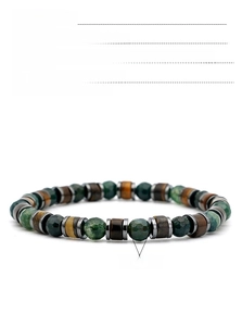 Detail view of 7mm men's beaded bracelet with hematite, spectrolite and volcanic stone beads