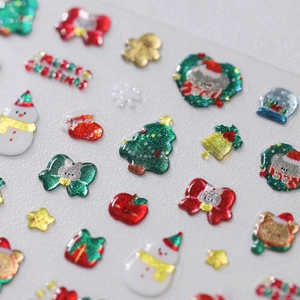 3D Christmas nail stickers with gold embossing, snowman and tree patterns on M-690 sheet