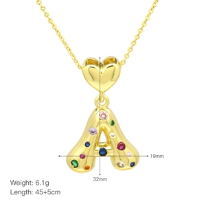 Gold balloon letter A pendant necklace with colorful zircons, length 45+5cm and 6.1g weight