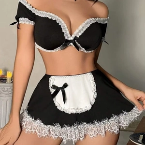 Sexy maid cosplay lingerie set with white lace trim and black bow details for women