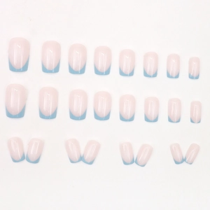 Short round French press-on nails with light pink base and light blue tips set