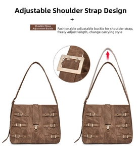 Detail showing the adjustable wide shoulder strap design of this brown PU crossbody bag