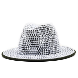 Flat brim fedora hat with full pearl embellishment and wide brim structured design