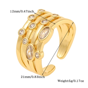 Detailed view of adjustable gold-plated copper ring with zircon inlay and size parameters