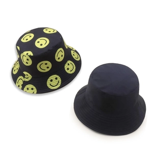 Cappello da pescatore reversibile con faccina sorridente e cappello a secchiello nero
