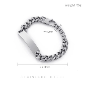 Detailed specs of the 10mm wide silver Cuban ID bracelet in stainless steel
