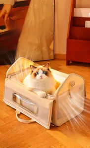 Close-up of beige pet carrier with mesh window and large space for comfort