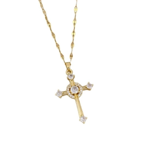 Elegant gold titanium steel cross necklace with shimmering cubic zirconia micro-inlay stones