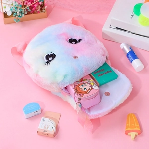 Cute gradient unicorn plush backpack with embroidered eyes and stationery set