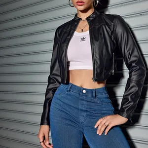 Detail of slim fit black leather punk jacket with stand collar and zipper closure