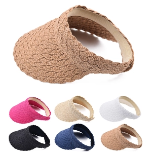 Women Straw Visor Hat Wide Brim Wavy Edge Empty Top Sunshade Breathable Summer Beach Vacation Travel Simple Solid Color