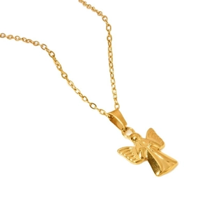 304 stainless steel necklace with 18k gold plated 3D angel pendant on white background