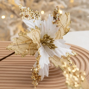 20cm white and gold Christmas poinsettia with sequins for festive tree decoration
