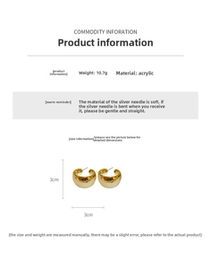 Detailed view of 10.7g gold hammered C-shaped acrylic earrings with silver needles