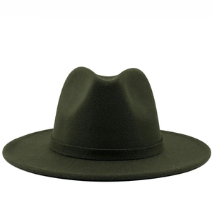 Classic dark olive green wool fedora hat with a wide brim and matching decorative ribbon