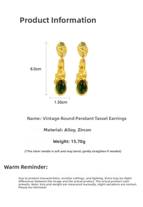 Detailed view of vintage gold tassel earrings with green zircon and 925 silver needles