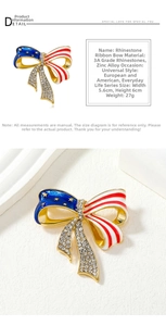 Detailed view of US flag bow brooch with 3A rhinestones measuring 5.6cm by 6cm