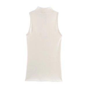 Detailed flat lay of a cream mock neck sleeveless knit top with fine ribbed texture