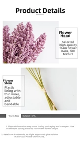 Detail of purple artificial foam wheat flower head and flexible stem on white background