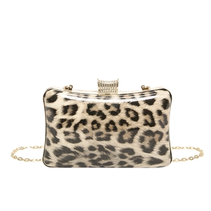 Elegant leopard print rectangular evening clutch bag with sparkling rhinestone clasp