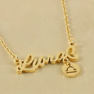 Zodiac Constellation Necklace Stainless Steel 18K Gold Plated English Name Pendant Coin Symbol Jewelry For Women