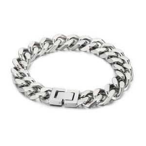 Polished silver stainless steel Cuban chain bracelet with secure square clasp on white background