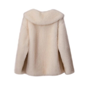 Detail showing the thick cream faux fur texture and lapel design of the winter jacket