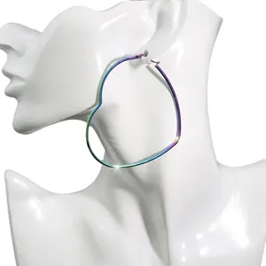 Chunky oversized heart-shaped titanium steel hoop earrings with rainbow gradient finish