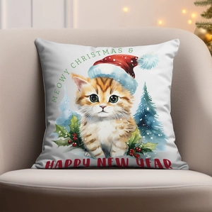 Close-up of Christmas cat pillow on beige sofa with warm holiday lighting background