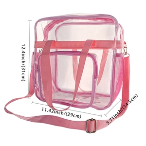 Detaillierte Größenangaben für transparente PVC-Tragetasche mit rosa Gurten und Netztasche