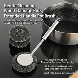 Durable stainless steel pot brush set with long handle and replaceable wire heads