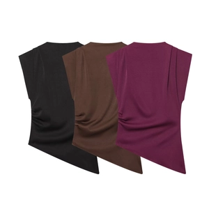 Fashion Ruched Sleeveless Top With Asymmetric Hem Round Neck Polyester Chic Solid Color Elegant Vest For Women