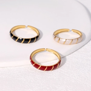 Enamel Stainless Steel Ring Retro French Style Geometric Diagonal Stripes Open Adjustable Jewelry For Women