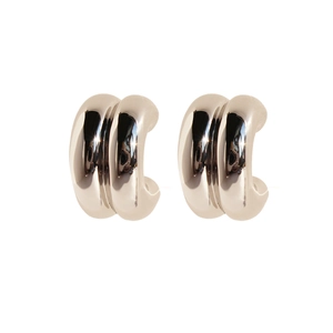 Minimalist silver double-layered C-shaped metal stud earrings with a polished mirror finish