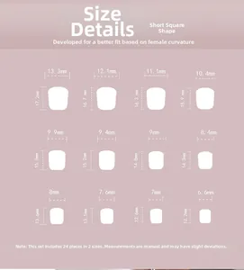 Detailed size chart for short square press-on nails featuring twelve unique dimensions