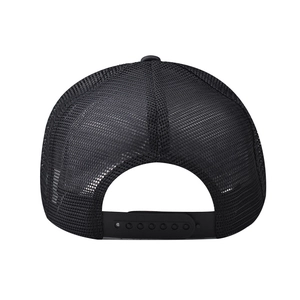 Vue arrière de la casquette trucker noire montrant le mesh et l'attache snapback ajustable