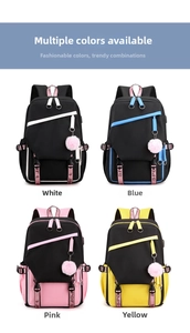Collage showing four color variants of waterproof school backpacks with plush pendants