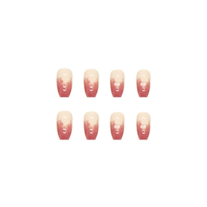 Short ballet press-on nails with red gradient design and delicate white heart patterns