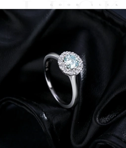 Macro shot of S925 sterling silver ring showing the inner S925 hallmark and blue moissanite