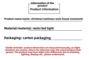 Specifications of illuminated Christmas resin house with LED and packaging details