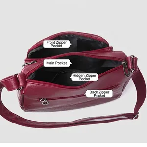 Women's vintage soft leather shoulder bag in dark red with large capacity and multi-pockets