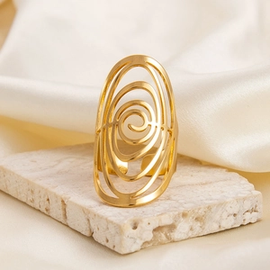 Modern irregular 18K gold plated oval ring with hollow spiral design on stone base