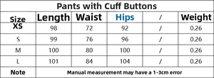 Size chart showing length and waist measurements for women's fashionable pants with buttons