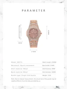 Detailed parameter chart showing 42mm dial diameter and quartz movement specs for women's watch
