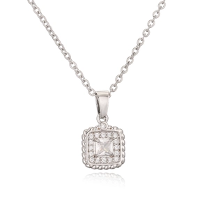 Square zircon pendant necklace in silver plating with shiny crystal halo on white background