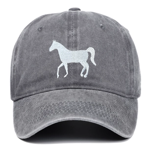 Vintage dark grey washed cotton baseball cap with white horse embroidery for men and women