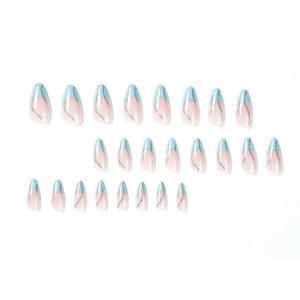 Almond fake nails featuring light blue French tips and silver glitter wavy lines, 24 pieces