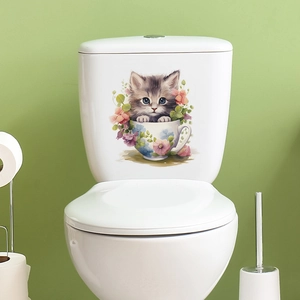 Cute cartoon cat in teacup toilet seat decal with flowers for bathroom home wall decor