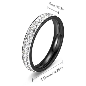 Detail of black titanium steel ring with double-row rhinestones showing dimensions