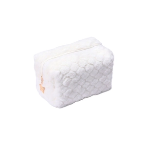 Plush checkerboard makeup bag in white with a gold star-shaped zipper head